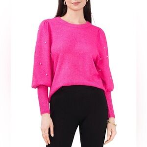 Cece fuchsia sweater with pearl embellishment on sleeves size XS